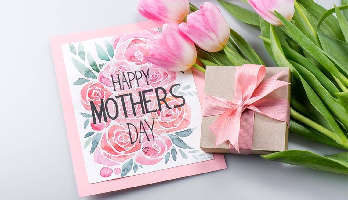 Mother's Day Card, Package, and Flowers